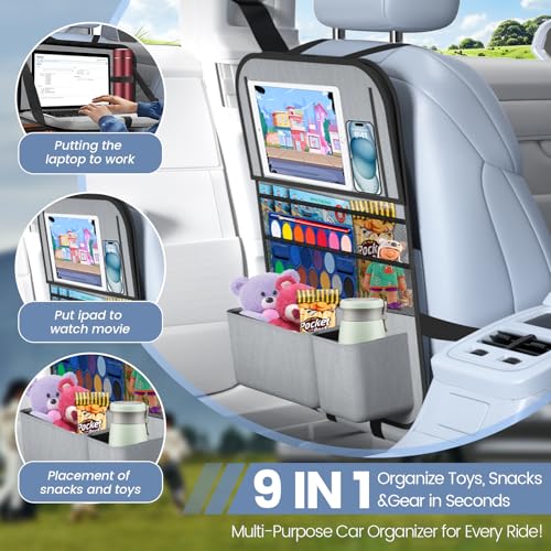 Image of 2PACK-Car Backseat Organizer with Touch Screen Tablet Holder,9 Storage Pockets Storage Organizer with Foldable Food Tray, Protector Kick Mats for Kids, Travel Accessories Organizer (Grey)