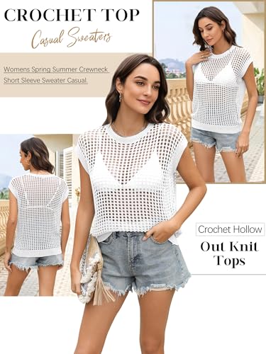 Image of Womens Summer Crochet Tops Hollow Out Cap Sleeve Cover Up Tank Top Pullover Sweater Vest Beach Vacation Clothes