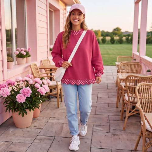 Womens Mock Neck Sweatshirt Patchwork Scalloped Edge Polka Dot Pullover - image 3