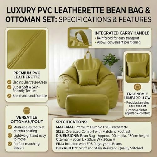 Image of KAM'S LIEU 5XL Luxury Faux Leather Bean Bag with Footrest & Cushion | Pre-Filled High-Density Polystyrene Beans | Premium Leatherette | 6 Months Warranty Color- (Olive Green, Without Footrest)