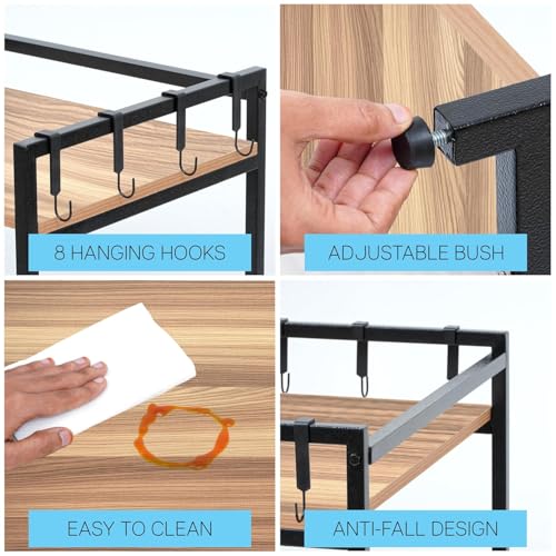 Image of REMANENCE Microwave Stand, Oven Stand for Kitchen Storage Shelf, 2 Tier Microwave Rack with Hanging Plastic Hooks - Tiered Shelf - Heavy Metal Frame with Engineered Wood