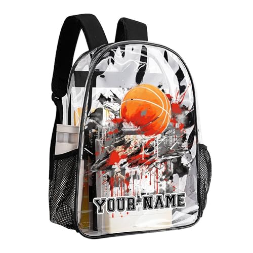 Custom Basketball Clear Backpack Heavy Duty for Girls Kids Boys Women Men - Large Cute PVC Basketball Theme Printing Transparent Backpack for Schools Stadium Concerts Work - Clear/Black
