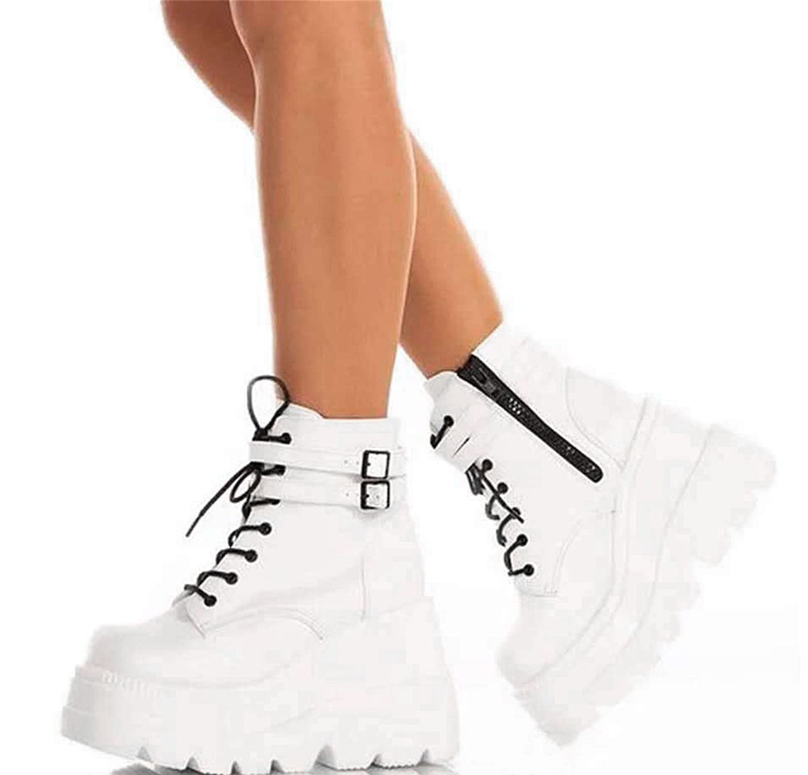 wodceeke Women's Platform Wedge Heel Boots Round-Toe personality Ankle Boots Lace-up Side Zipper Booties Combat Boots