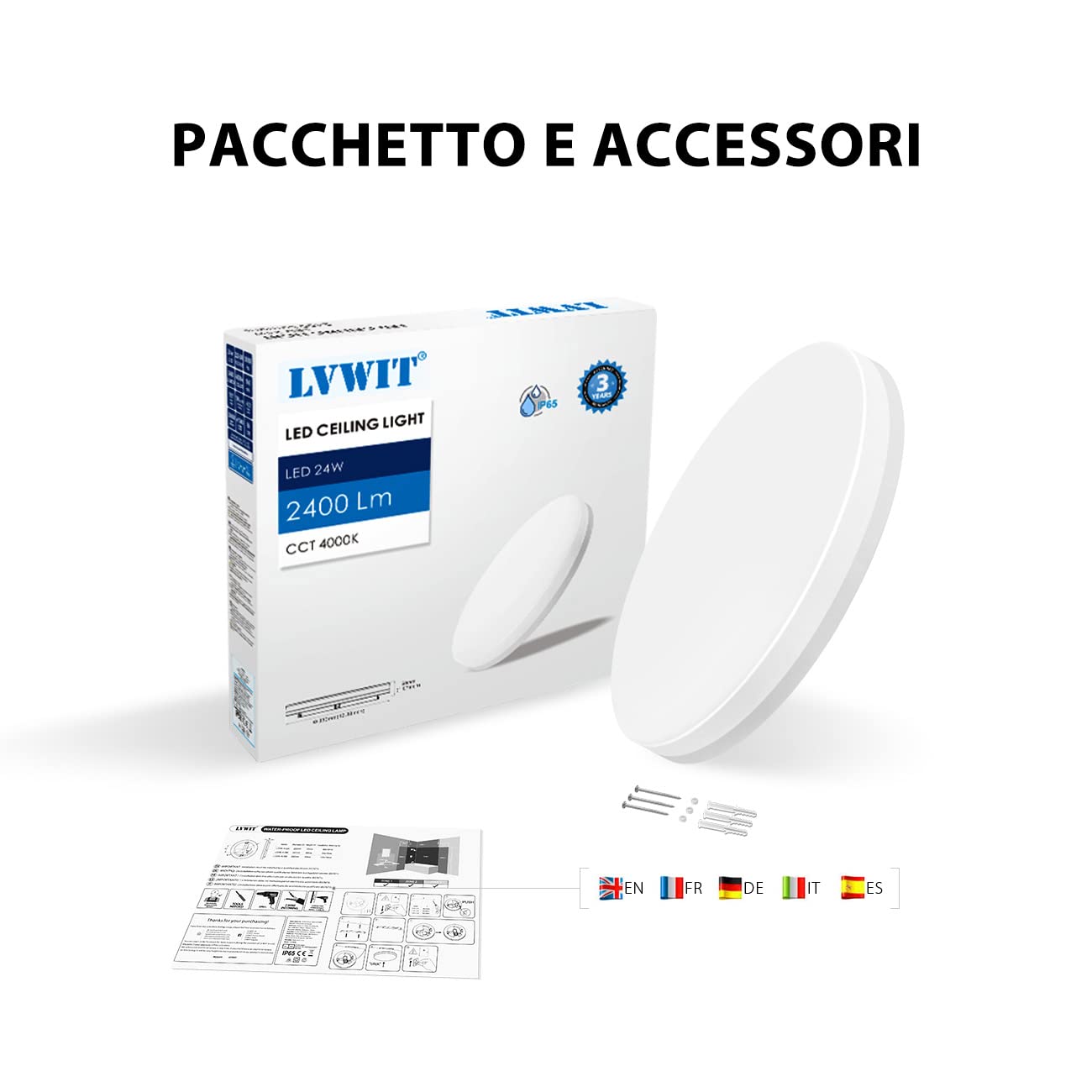 LVWIT Plafoniera LED 24W 2400LM IP65 Impermeabile,Lampada LED Soffitto 4000K Luce Bianca Neutra Tonda Piatta Ideale per Cucina,Camera da Letto,Balcone,Corridoio,Bagno,Soggiorno,Ø330mm*50mm