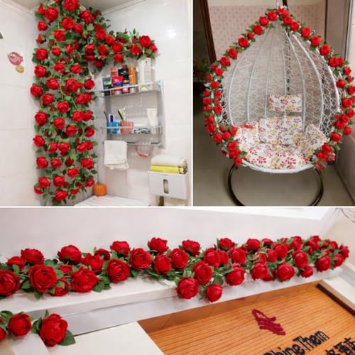 Image of SATYAM KRAFT 2 Lines Artificial Cherry Blossom Rattan Flowers Wall Hanging Flower Decor - Perfect Rose Garland for Home, Office, Wedding, Festival, Ganpati Decoration (2, Peony line Red)