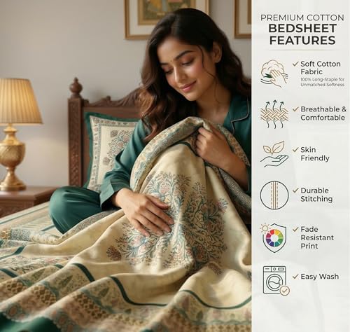 Image of SANMARINO Heritage Collection 280 TC Cotton Double Bedsheet with 2 Pillow Covers (90 x 100 Inches Bedsheet, 20 x 30 Inches Pillow Covers), Soft Breathable Flat Bed Sheet for King Bed-Emerald Green