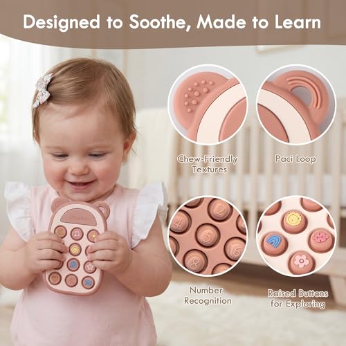 Image of Moonkie Silicone Press Phone Teething Toy for Baby 3 Months+ | Soft BPA-Free Teether with Icon & Number Pop Bubbles | Ideal Gift for Baby Girls
