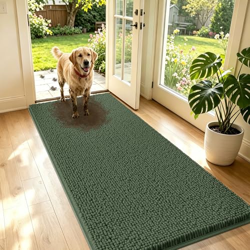 Chenille Absorbent Indoor Door Mat for Rainy Days 71" x 25", Keep Rain Outside, Washable Entry Rug for Wet Shoes, Muddy Paw Mat for Rainy Weather, Non‑Slip Outdoor Doormat for Entryway, Olive