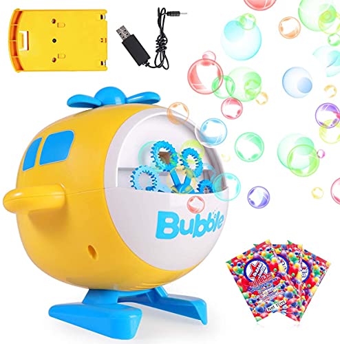 Bubble Machine 3000 Bubbles Per Minute, Battery Operated Plug-in Automatic Bubble Maker for Kids, Indoor Outdoor with 3 Packs of Bubble Solution & 1 Bubble Bottle(Helicopter, Yellow)