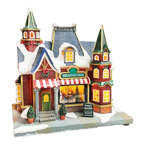 MOMENTS IN TIME Lighted Christmas Village Building Breakfast Nook LED Lights Music Battery Operated Plays 8 Holiday Songs Optional 4.5V Adapter Gift Wrapped Ready Décor