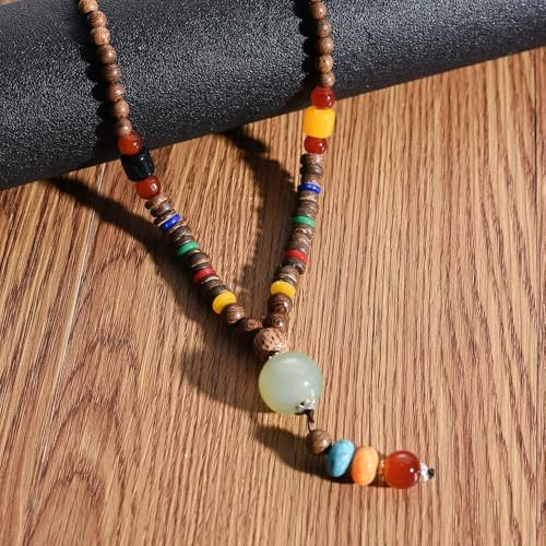 Collier Hippie Argent 925 Anti-Allergie avec Perles en Bois Style Boho