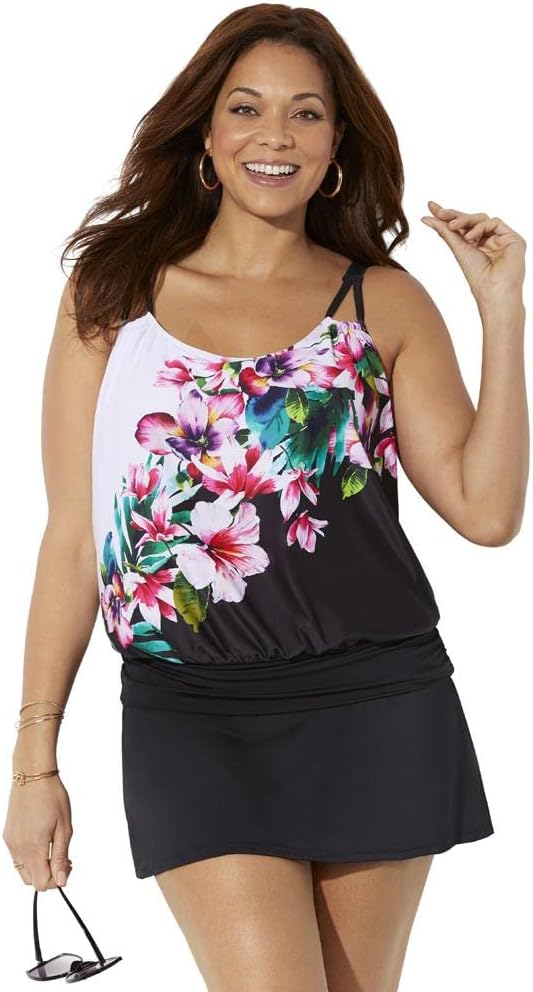 Swimsuits For All Loop Strap Blouson Tankini Set with Skirt