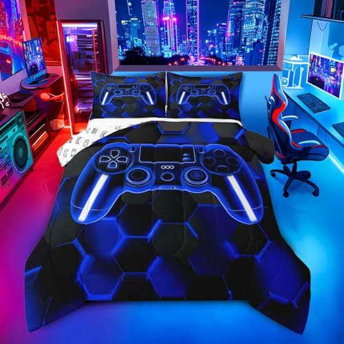 Gamer Duvet Quilt Gaming Bedding Set for Kids Boys Girls Teens Room Decor Blue and Black Game Console Comforter Set Twin Size Gamepad Honeycomb 2Pcs Breathable Soft Lightweight Microfiber