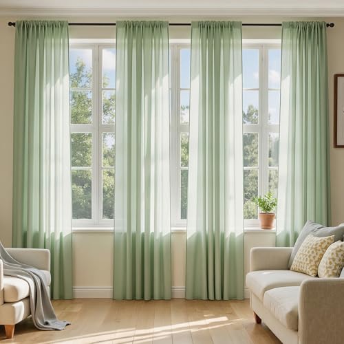 MIULEE Sage Green Sheer Curtains 96 Inches Long, 4 Panels