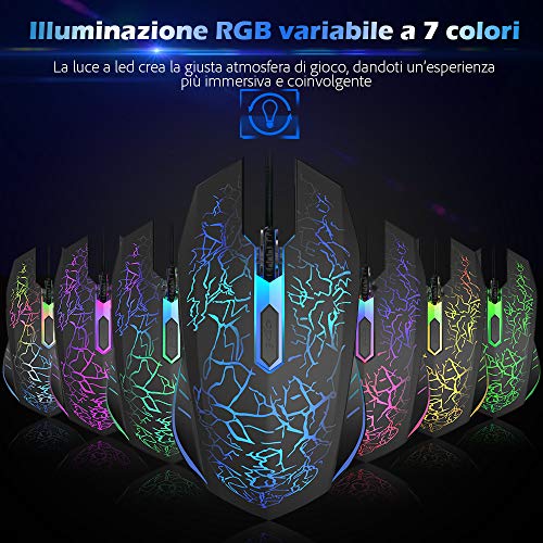 VersionTECH. Mouse da Gaming con Cavo, sensore Ottico Fino a 2400 DPI, 6 Tasti e Illuminazione a LED con 7 Colori