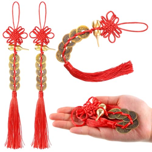 2PCS Chinese Knot Tassel, Feng Shui Good Luck Charms, Metal Gourd with 5 Coins Good Luck...