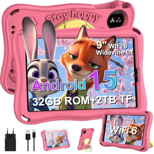 SUAAT Tablet infantil de 9 pulgadas Android 15 con 12 GB de RAM + TF 1 TB, 5G WiFi, Octa-Core, Widevine L1, GPS, Face ID, protección infantil, 5000 mAh, 1340 x 800, soporta BT 5.0, Tablet para niños