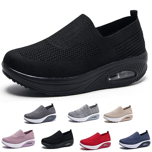 RiceelSor Women's Orthopedic Mesh Air Cushion Walking Shoes Casual Slip-on Platform Sneakers Breathable Arch Support Wedge Loafers