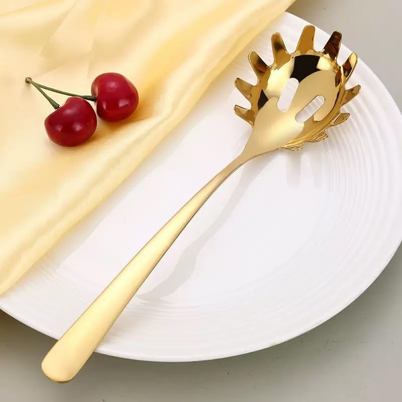 Stainless Steel Pasta Spoon, Spaghetti Spoons Server, Spaghetti Fork with Ergonomic Handle, Noodle Utensil for Kitchen, 9. 4inch (Gold) image 5