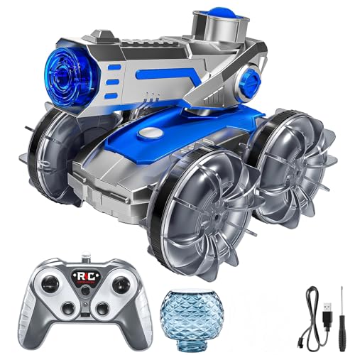 Image of Amphibious RC Stunt Car with Water Gun Lights Waterproof Pool Toy for Kids | 2 in 1 amphibious remote control stunt car, runs smoothly on land & water, works as waterproof rc boat for pool & beach play