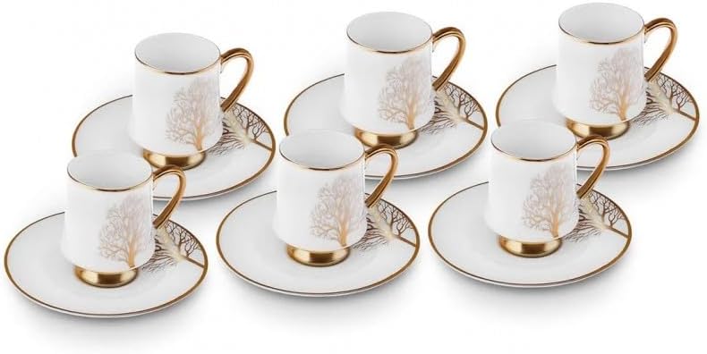 KARACA Afra 12 Piece Turkish Coffee Cup Set for 6, 90ML Porcelain Demitasse Espresso Cups with Saucers, White & Gold Luxury Small Coffee Cups, Elegant Set for Arabic Greek Coffee, Gift Ready