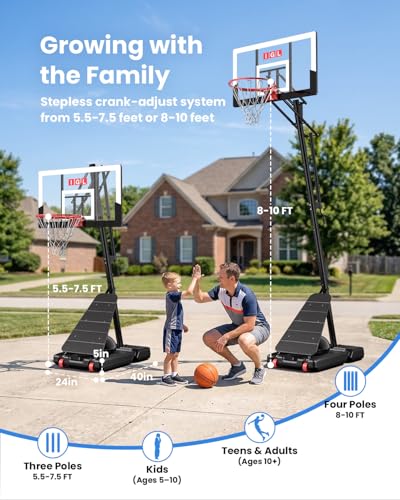 Image of IGL Basketball Hoop Outdoor 40 /44 /47 Inch, Height Adjustable 5.3-10 FT, Portable Basketball Goal with Shatterproof Backboard for Kids Teens Adults, Backyard Driveway