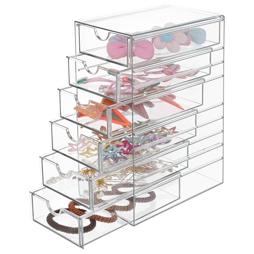 HOFURME Hair Accessories Organizer, Clear Hair Organizer Storage Box with 6 Drawers Hair Tie Holder Container Storage Organization for Bathroom Closet Desk Office (6 Drawer)