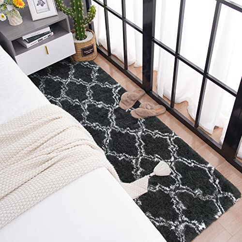Chicrug Fluffy Geometric Runner Rug For Bedroom, 2X6 Feet Small Shag Hallway Carpet Runner Floor Rug, Plush Moroccan Runner Rug For Family Kids Girls Nursery Bedside Room Decor, Dark Grey And White #TOP4