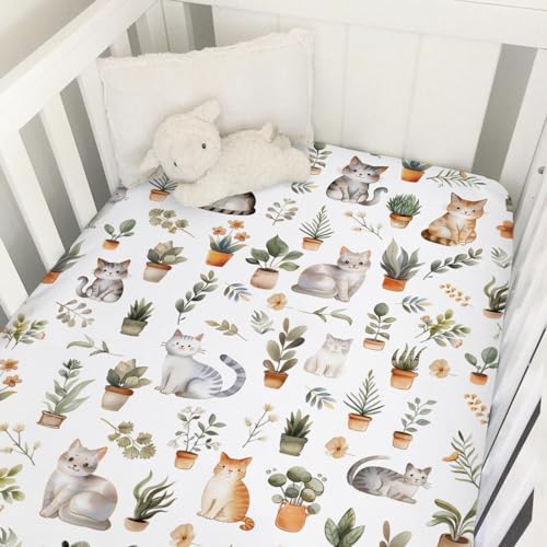 Image of Watercolor Cats Boho Leaves Flowers Baby Crib Sheets 52''x28'' Cute Cats Tropical Plants Stretchy Fitted Crib Mattress Cover for Boy Girl Soft Nursery Bed Sheets for Standard Crib and Toddler Mattress