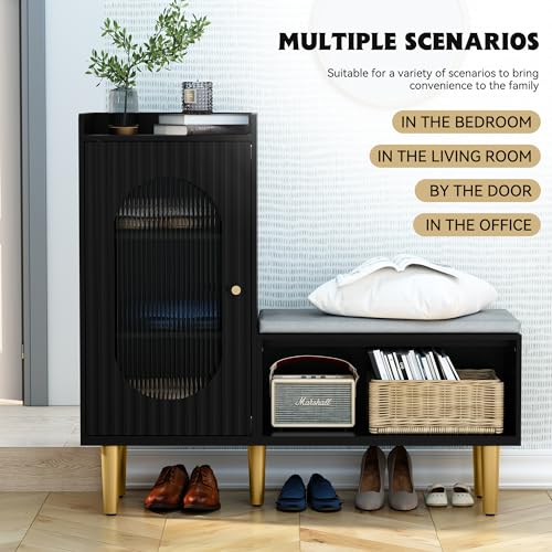 Image of HLR Storage Bench Set of 2, Black Modern Entryway Shoe Cabinet Bench with Glass Door&Shelf, L-Shaped Storage Cabinet with Padded Seat for Hallway, Bedroom, Living Room, Office