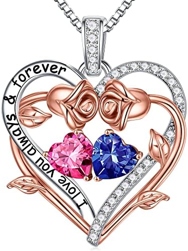 Iefil Rose Heart Double Birthstone Necklace Gifts for Wife Girlfriend Her Women, Birthstone Jewelry Gemstone Birthday Gifts for Mom Grandma Her Wife Women