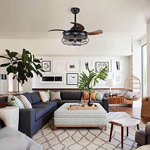 Ceiling Fan With Lights 34 Inch Black Rustic Ceiling Fan With Remote 3 Retractable Blades, 4 Lights Not Included #TOP2