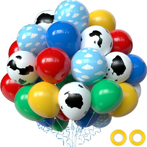 Oumuamua COW PRINT BALLOONS Toy Inspired Story Party Decorations, 68Pcs Red Green Yellow Blue Cloud Cartoon Balloons With Cow Print Balloons For Kids Boys Girls Farm Birthday Baby Shower Party Decorations cover