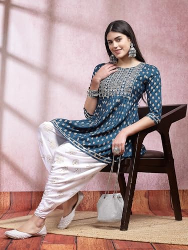 Image of Stylum Women's Printed & Embroidered Rayon A-Line Kurti With Dhoti Pant