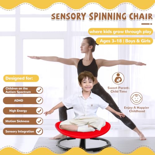 Image of Zhenx Spinning Chair for Autistic Kids (Ages 3-18) - 220lbs Capacity Sensory Swivel Seat - Sensory Toy for Teens with ADHD /Autism - Sit & Spin Calming Gift to Improve Focus & Body Balance (Red)