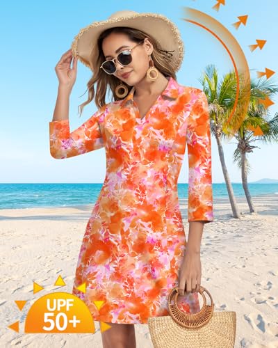 Image of WOWENY 3 /4 Sleeve Dress for Women with Pockets V Neck UPF 50+ Casual Sun Dress Breathable Quick Dry Beach Vacation