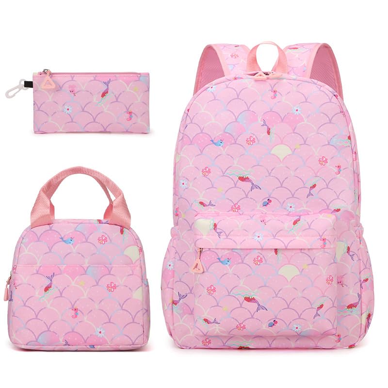 Maxmana Secret 3PCS Girls Backpack Mermaid School Backpack Set with Lunch Box SchoolBags Pen Bag Childrens Bookbag Adjustable Shoulder Straps Side Pockets for Elementary Middle School