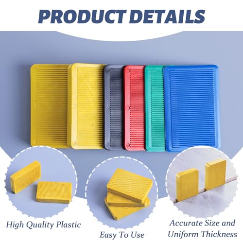 Image of Pangda 15 Pcs Structural Tile Plastic Shims for Leveling 1 /13'', 1 /9'', 1 /7'', 1 /5'', 2 /5'' Plastic Flat Furniture Shims for Toilet Door, Yellow Red Black Green and Blue