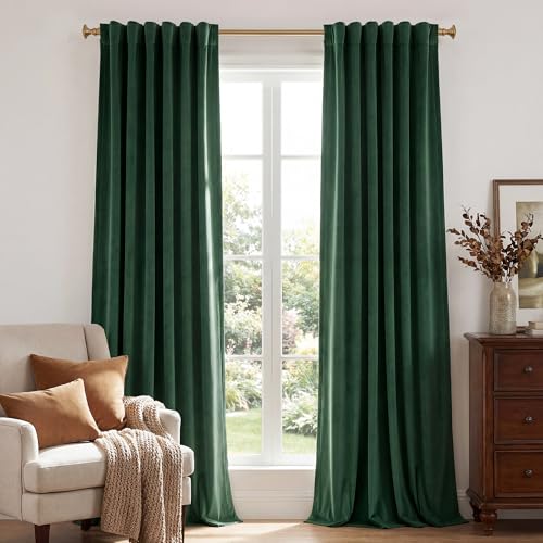 Image of Dark Green Christmas Velvet Drapes Room Darkening, W52xL90, 2 Pcs | Christmas Holiday Decor, 300GSM Heavy Soft Velvet, Heat Insulated, Privacy, Dining Backdrop French Door, Living Room