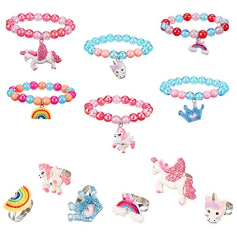 Heyu-Lotus 12 Stück Kinder Einhorn Armband Ring Set, Mädchen Schmuck Perlen Armband mit bunten verstellbaren Ringen, Freundschaftsschmuck für Geburtstagsfeier Gefälligkeiten Cover