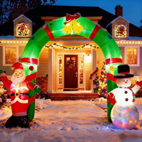 CypherX 8FT Lighted Christmas Inflatable Archway Christmas Inflatable Santa Snowman Arch Outdoor Decorations Blow up with Rotating Lights Giant Yard Decoration with LED Blower for Lawn Patio Party