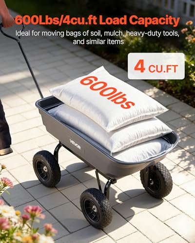 Image of VEVOR 4 Cu.Ft 600LBS Poly Garden Cart Dump Wagon, 4 Wheel Heavy Duty Wheelbarrow with 10 inch Flat Free Tires, Yard Cart Dump Wagon with Quick-Release System