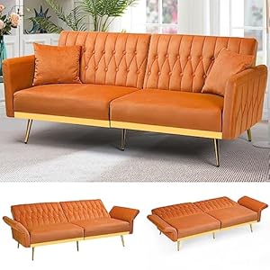 ACMEASE 70” Velvet Futon Sofa Bed w/Adjustable Armrests & 2 Pillows, Convertible Futon Couch, Modern Sleeper Bed for Living Room, Bedroom, Orange
