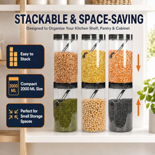 Image of Homeor Plastic Storage Jar & Containers With Spoon, Airtight & BPA Free Containers for Kitchen Storage, Grocery Kitchen Container, Multipurpose Jar, Fridge Storage Container, 2000 ML Set 6, Black
