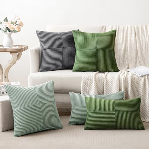 Image of MIULEE Greyish Green Decorative Throw Pillow Covers 20x20 Inch for Couch Bed Sofa Pack of 2 Boho Farmhouse Throw Pillows Soft Cross Corduroy Patchwork Textured Cushion Cases