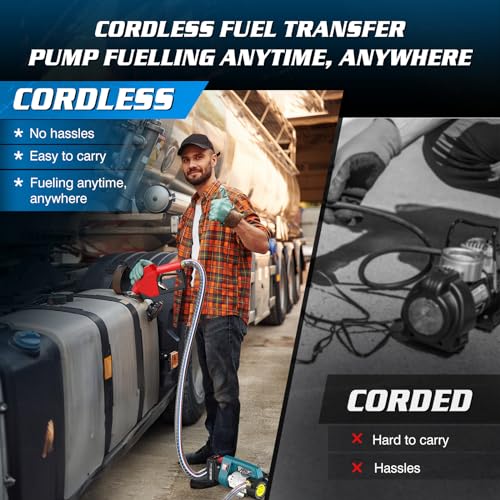 Image of SEESII Fuel Transfer Pump Battery-Powered: 12 GPM Electric Diesel Transfer Pump with 2 x 21V 4.0Ah Batteries, Portable Cordless Pump Kit with Auto Shut-Off Nozzle & 2x6.6 FT Hoses for Diesel Kerosene