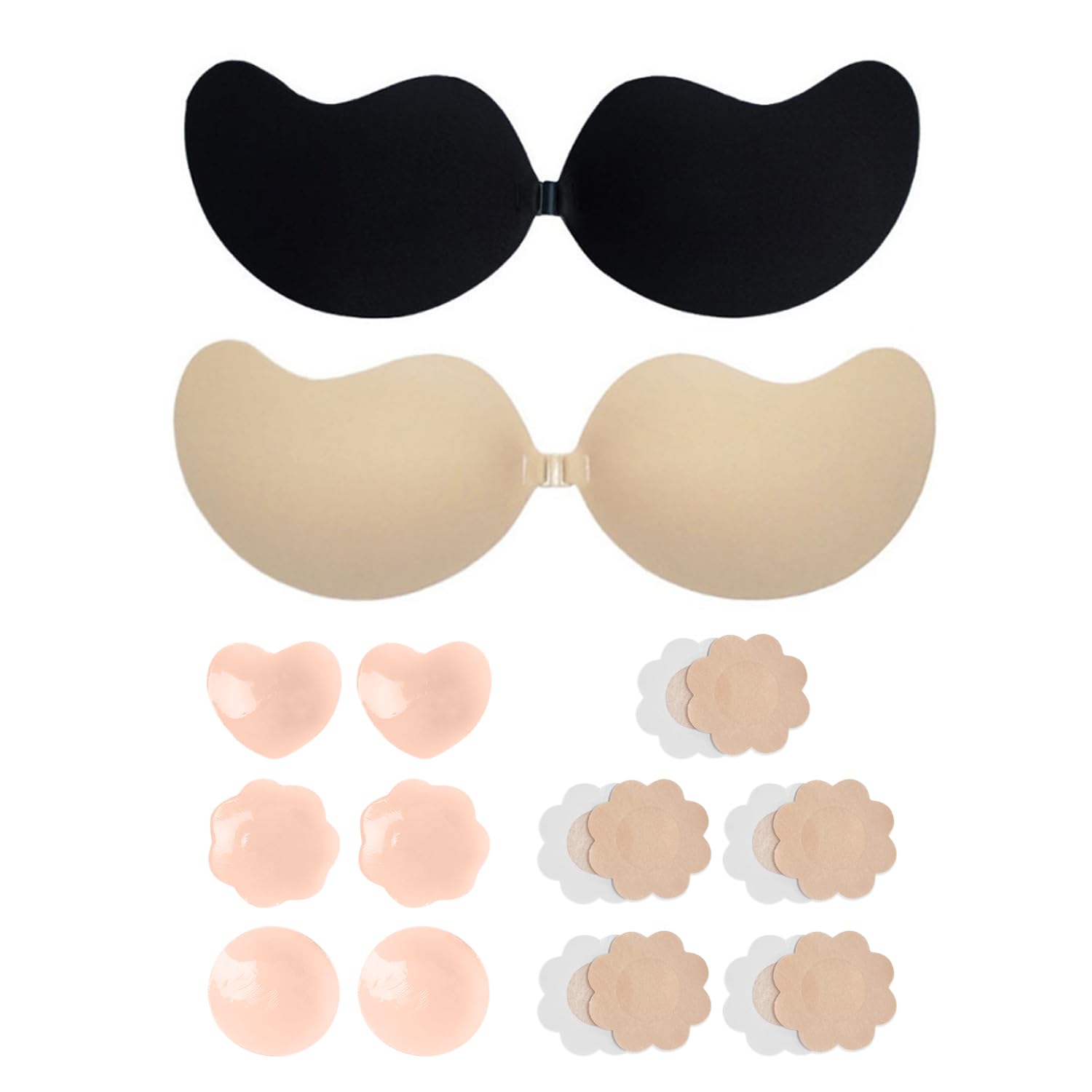 GVSAVY2 Pairs Adhesive Bra with 8 Pairs Nipple Covers, No Show Bra, Silicone Strapless Bra, Reusable, Suitable for Evening Dresses, Wedding Dresses and Backless Clothes