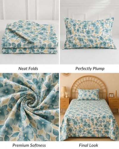 Image of VAS COLLECTIONS 240 TC Premium Cotton Single Bedsheet, Soft Breathable Comfortable Floral Printed Bed Sheet, Elegant Durable Bedding for Bedroom, Easy Care Single Bed Cover,60 x 90 Inches - Aquamarine