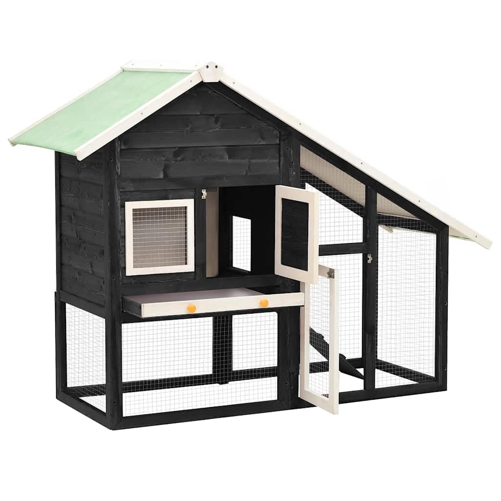 Conejera gris y blanca 140 x 63 x 120 cm – Conejera de dos pisos de madera de abeto con rampa y bañera extensible – Jaula para animales pequeños para roedores y conejos