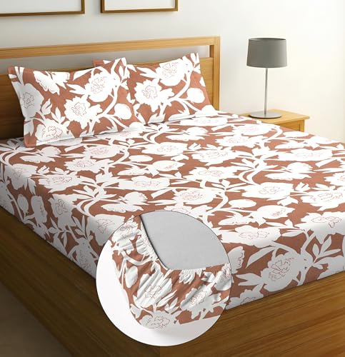 Image of Elastic Fitted Bedsheet with 2 King Size Pillow Covers, Double Bed, All Around Elastic, Floral, 72x78x8 Inches (Brown Flower, Double)